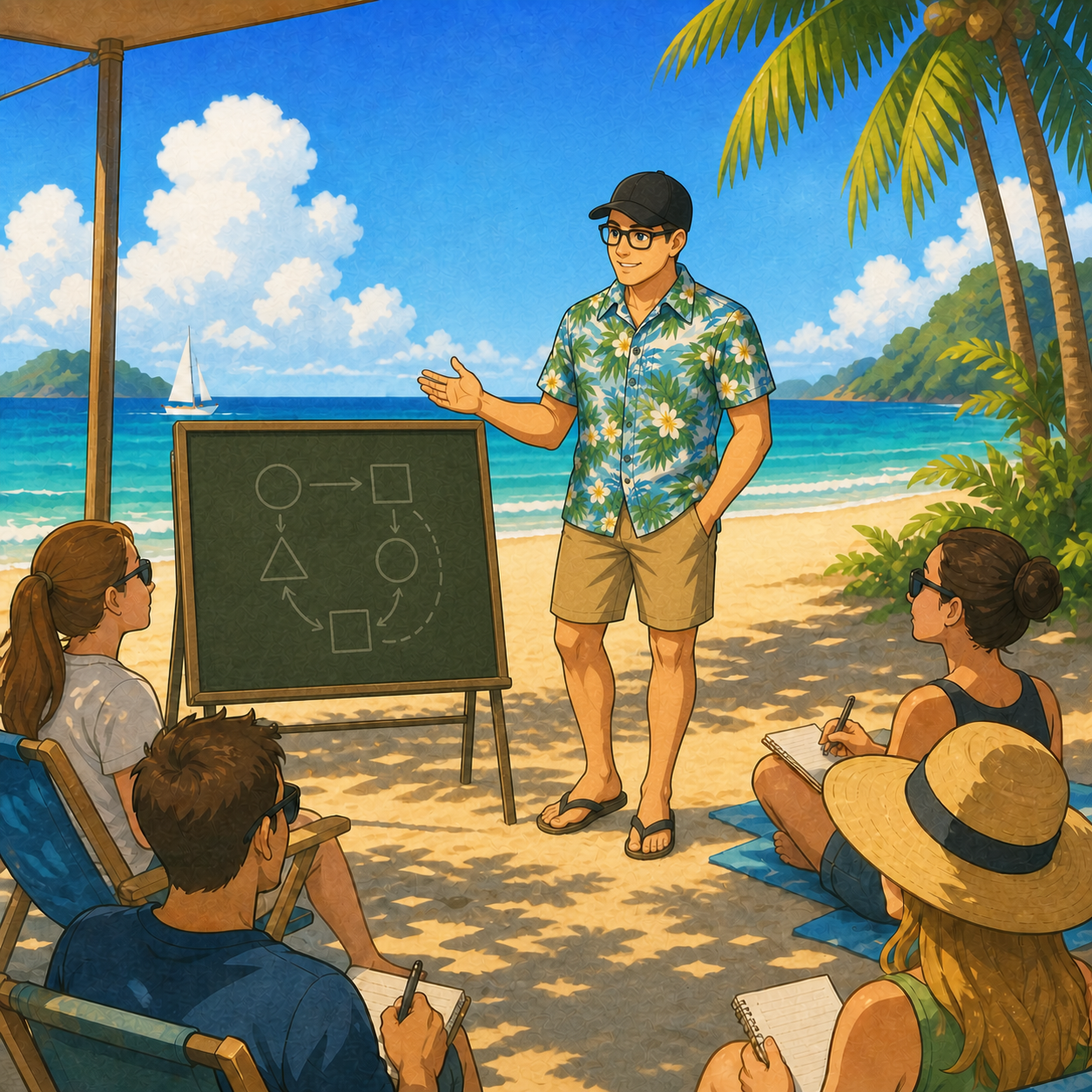 Illustration of a seaside teaching session on a tropical beach.